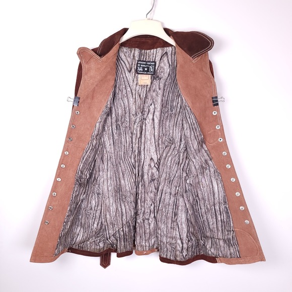 Vintage 70s Two Tone Brown Patchwork Suede Leather Western Belted Jacket 15/16 - Picture 6 of 9